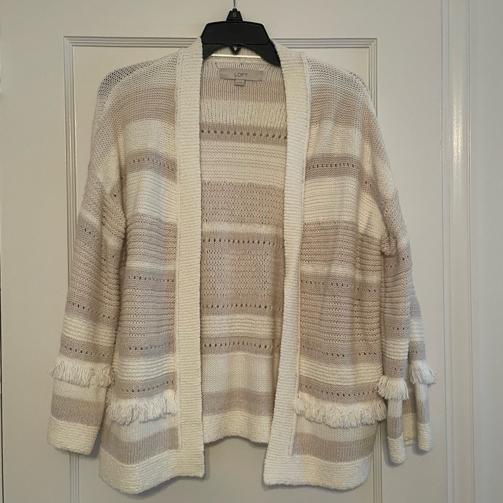 LOFT Women's Cream and Tan Striped Sweater